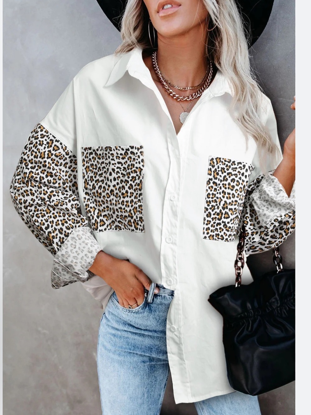 POL Off White Leopard Accent Button-Up Shirt/Shacket 💯 Cotton